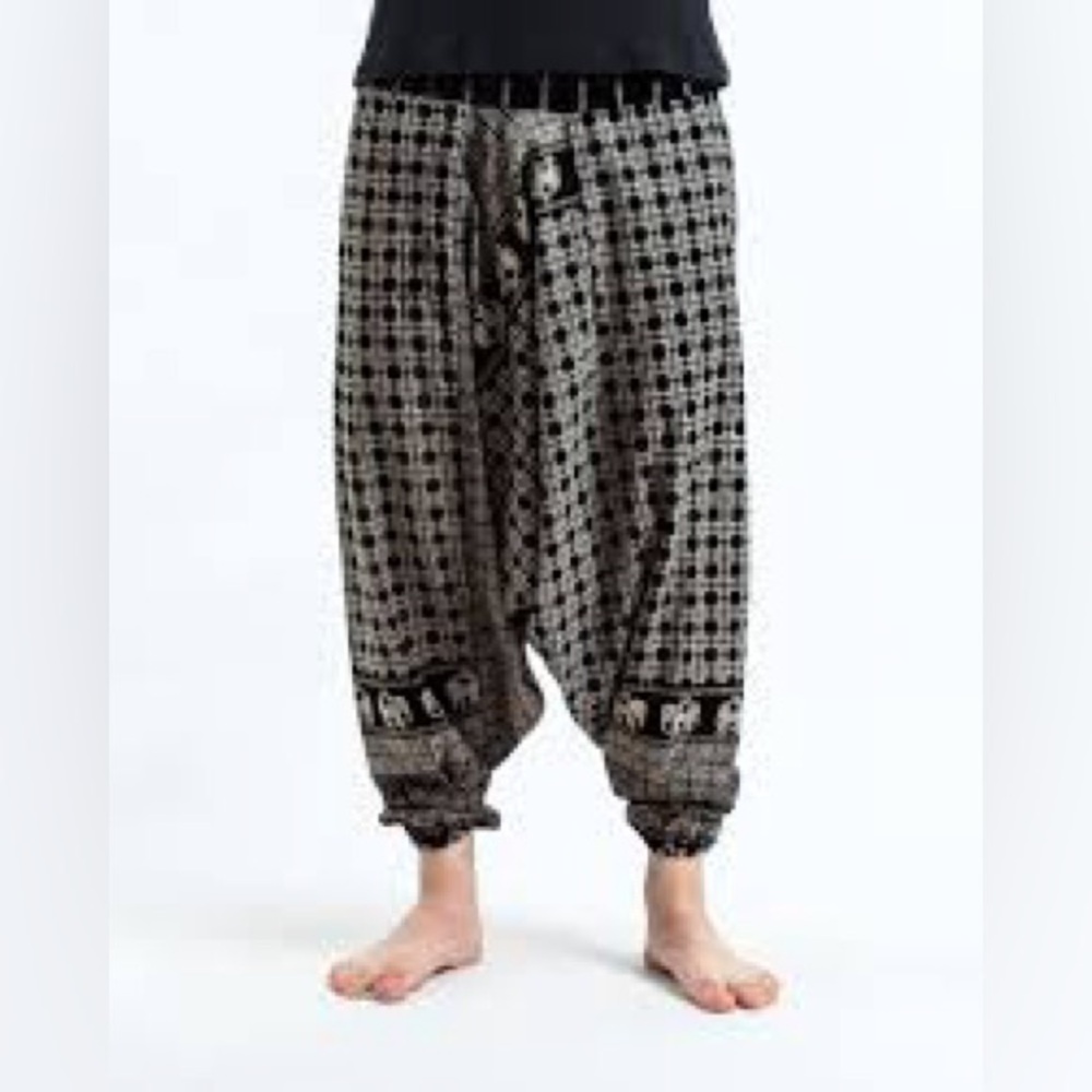 Unisex. One size. Harem Pants. Black with Elephant Print. One size.